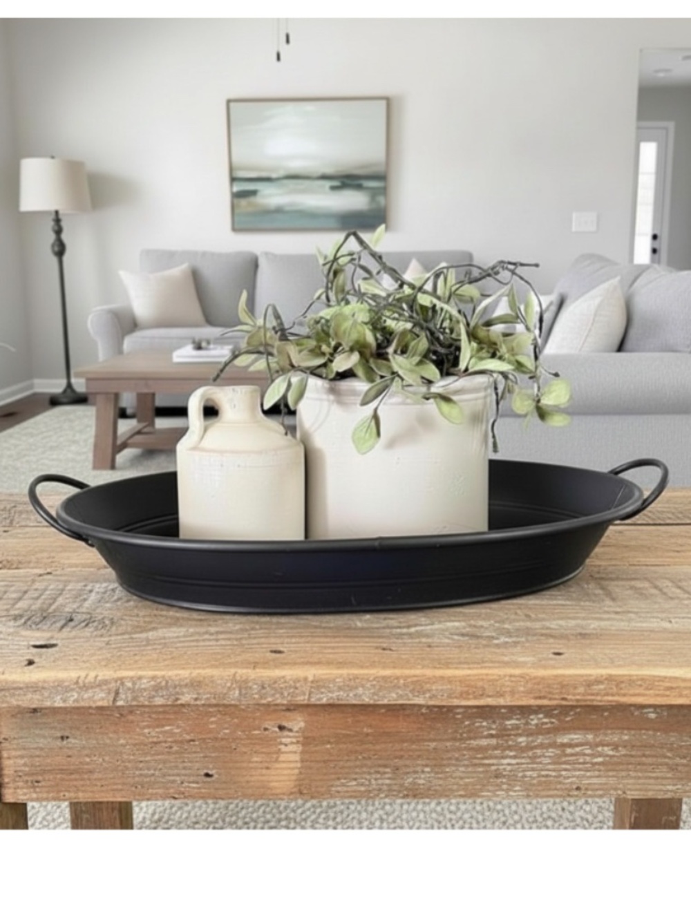Rustic Black Metal Oval Tray w/Handles